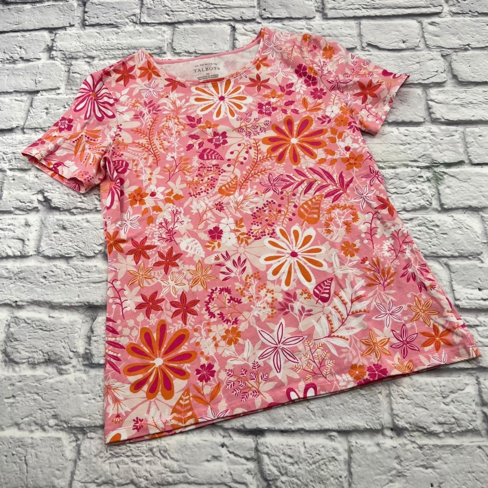 Talbots Women's Pink Orange Floral Short Sleeve Knit Tee Shirt XS
